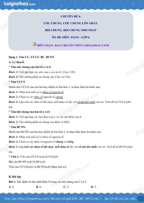 Dạng 1. Tìm ƯC, ƯCLN. BC, BCNN Chủ đề 4 Ôn hè Toán 6